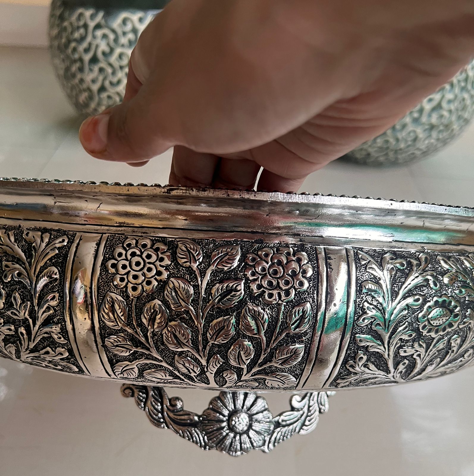 Antique finish German silver fully carved urli bowl for home decor